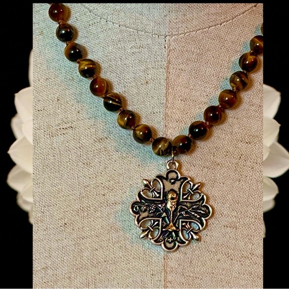 Tigers Eye Beads Cross Coin Medallion Statement  Necklace One Of A Kind - Picture 3 of 6